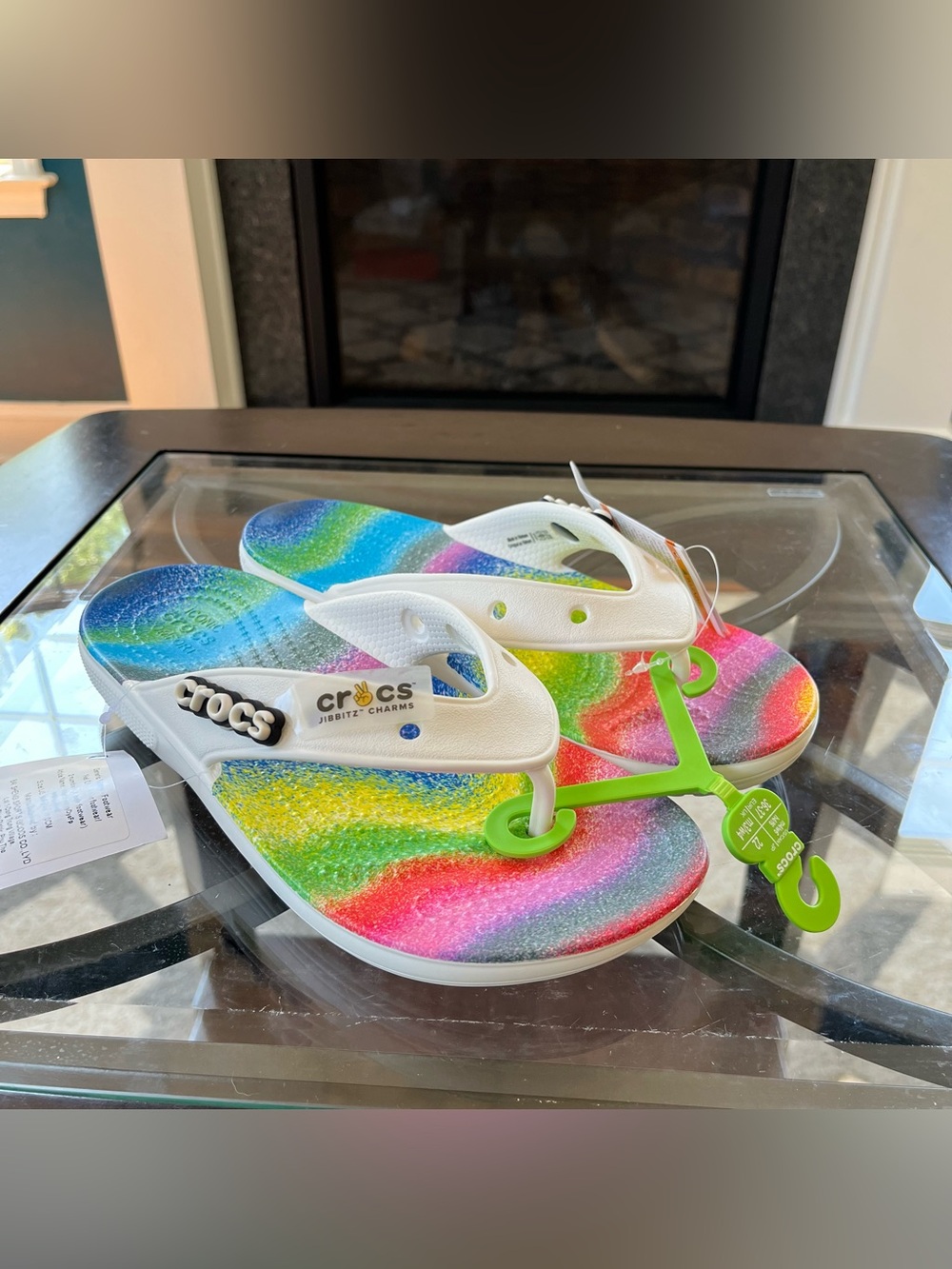 Crocs Classic Flip Rainbow White Spray Tie Dye Sandals Women Sz 6 Beach Travel
